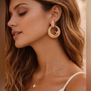 Vintage Peach Enamel & Gold Tone Hoop Drop Earrings | Retro Pierced Statement